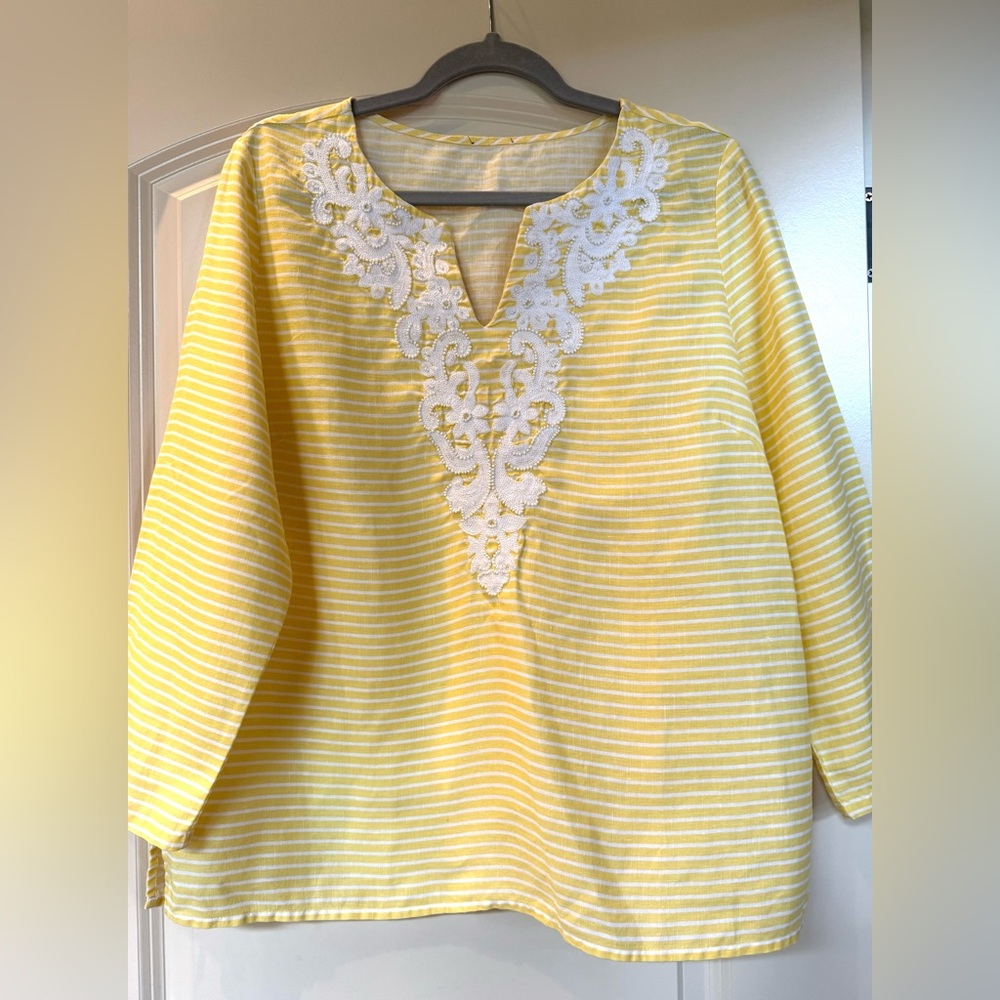 Yellow 100% Linen Striped Sz L Women's Top Shirt with Lace Detail Resort Wear